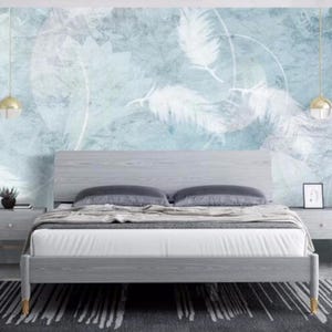 Feather Wallpaper Mural: Light Blue Handpainted Wall Decor