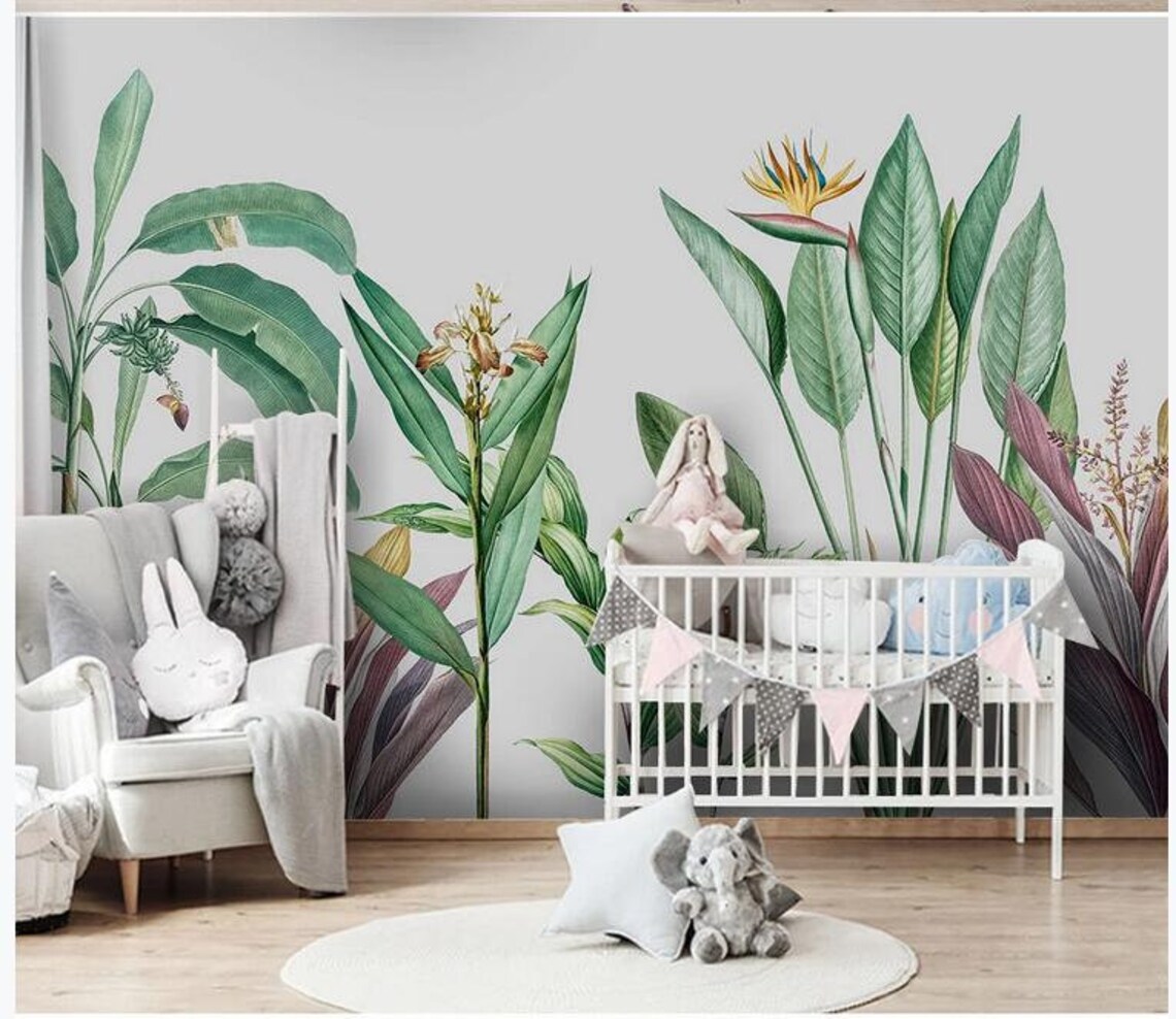 Watercolor Tropical Plants Nursery Wallpaper Wall Mural Etsy