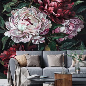 Dark Background Red and Pink Peony Flowers Floral Wallpaper Wall Mural Home Decor for Living Bedroom or Dinning Room