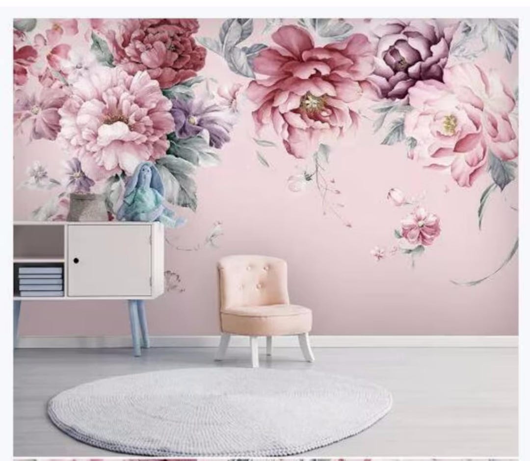 Pink Rose Floral Wallpaper Mural: Watercolor Peel & Stick - Etsy