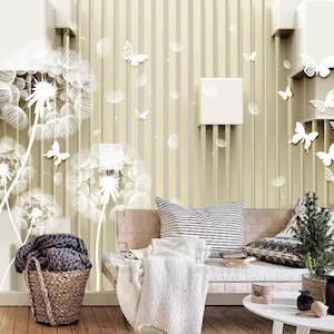 White Dandelion with Flying Butterflies Wallpaper Wall Mural Home Decor