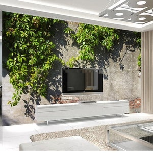 3D Tree Branches Green Leaves Brick Wallpaper Wall Mural for Living and Dinning Room Bedroom