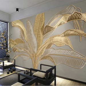 3D Mural Wallpaper Atmospheric Banana Leaf Nordic Plants Light Luxury Golden Embossed Line Background Wall Murals