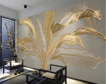 3D Mural Wallpaper Atmospheric Banana Leaf Nordic Plants Light Luxury Golden Embossed Line Background Wall Murals