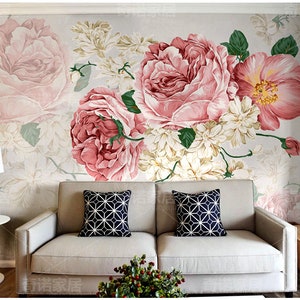 American Style Watercolor Floral Wall Wallpaper Big Flowers - Etsy