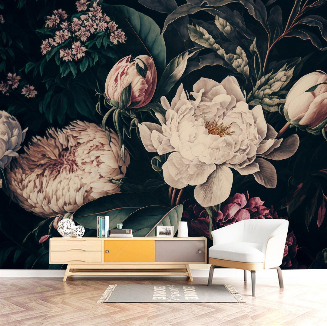 Dark Floral Peony Wallpaper Mural: Peel and Stick Home Decor - Etsy