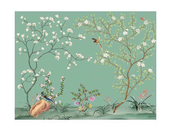 Chinoiserie Brushwork Light Green Background Flowers and Birds Wallpaper,  Home Decor Wall Murals, Flying Birds and Flowers Floral Wallpaper -   Hong Kong