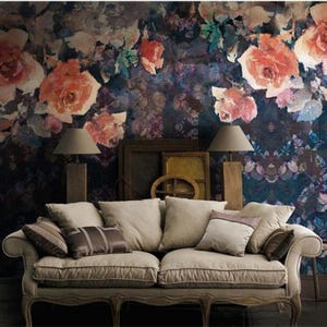 American Style Big Flowers Wallpaper, Dark Background Floral Wall Mural, Wall Art, Living and Dinning Wall Decal, Wall Sticke