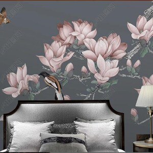 Chinoiserie Brushwork Hanging Pink Magnolia Flowers with Birds Wall Murals Home Decor