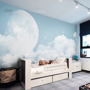 Cartoon Blue Background White Clouds Nursery Wallpaper Wall Mural, Stars and Moon Nursery Kids' Room Baby's Room Wall Mural