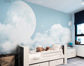 Cartoon Moon and Stars Nursery Wallpaper Mural: Blue Sky, White Clouds