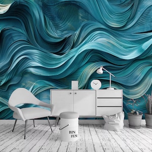 Strukturierte Abstrakte Wellen Schattierungen Blau Teal Wallpaper Wandbild Wohnkultur für Wohnzimmer Esszimmer Schlafzimmer
