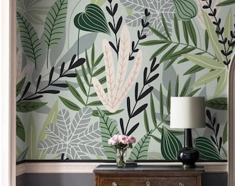Watercolor Handpainted Leaf Wallpaper, Northern European Herbs and Tropical Plants Wall Murals Wall Decor for Living or Dinning Room