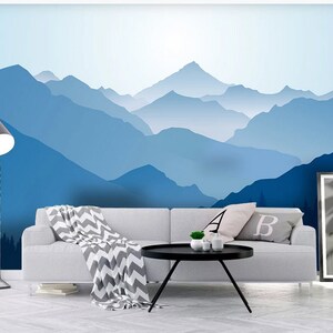 Ombre Mountains Mural Wallpaper Geometry Mountain Landscape Wallpaper Blue Background with Trees Forest Nursery Decor Wall Murals