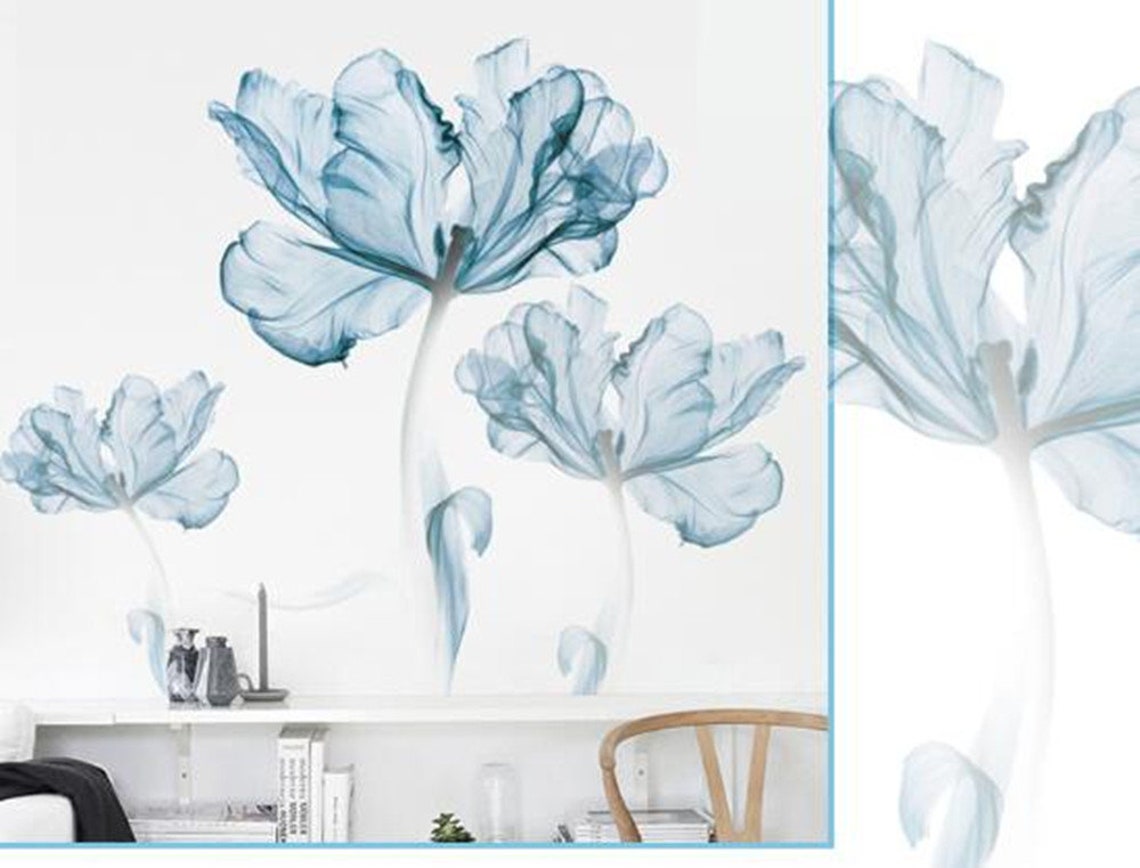 Light Blue Flowers Wall Paper Big Flowers Wallpaper Nursery Etsy