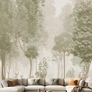 Abstract Forest Wallpaper Mural: Grey Landscape, Trees, Peel & Stick