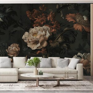Dark Background Flowers Floral Wallpaper Wall Mural Home Decor for Living Bedroom or Dinning Room