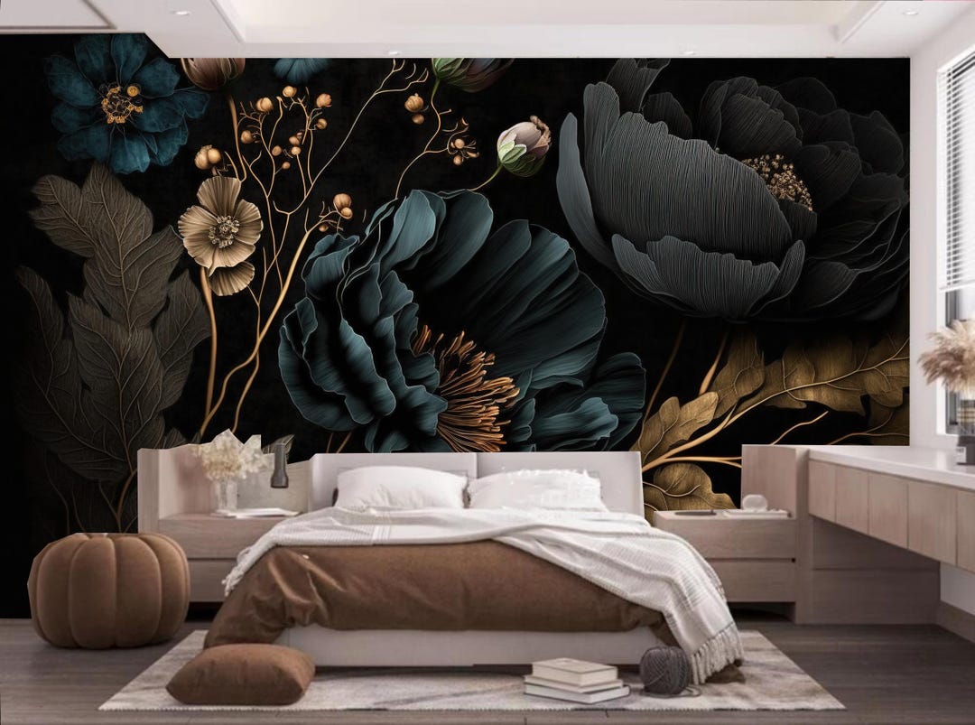 Dark Peony Floral Wallpaper Mural: Peel and Stick Home Decor - Etsy