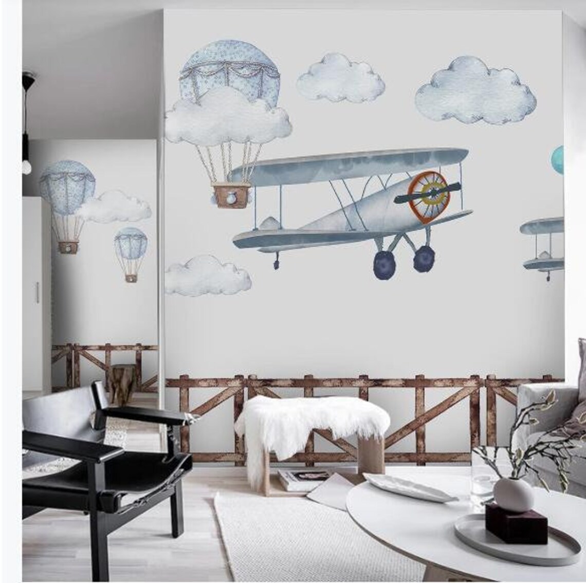 Cartoon Airplanes Nursery Wallpaper Hot-air Balloon and - Etsy