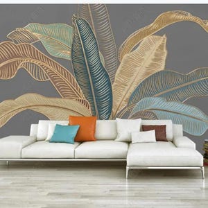3D Gold and Blue Banana Leaf Wallpaper Wall Murals Home Decor