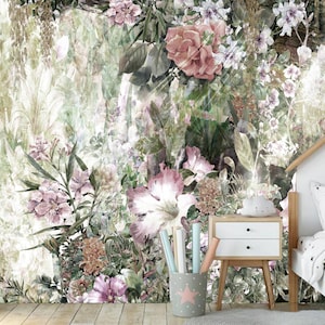 Watercolor Floral Wallpaper Mural: Spring Flowers, Kids Nursery Decor