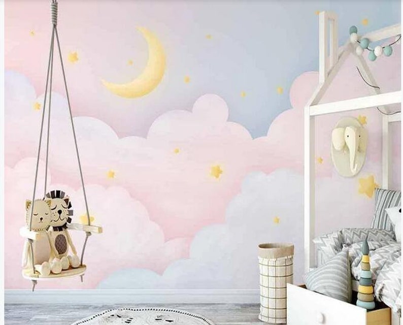 Cartoon Pink Clouds Nursery Children Wallpaper, Moon and Stars Kids Children Baby Girls Room Wall Mural image 1