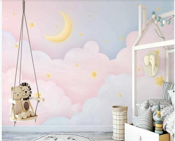 Cartoon Pink Clouds Nursery Children Wallpaper Moon and Stars - Etsy Australia Cartoon Pink Clouds Nursery Children Wallpaper Moon and Stars - Etsy Australia