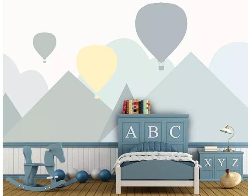 Hand Painted Cartoon Geometric Nursery Children Wallpaper Wall Mural Grey Geometric Mountain Hot-air Balloon Kid Children Room Wall Mural