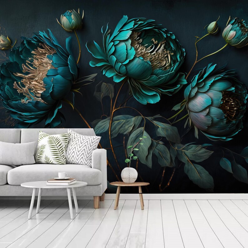 Dark Floral Peony Wallpaper Mural: Green Blooming Flowers Home Decor - Etsy
