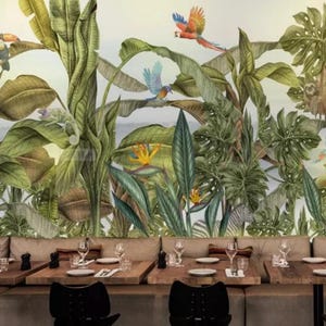 Hand-painted Tropical Rain forest Plants Banana Leaves Jungle Wallpaper,  Flying Birds, Zebra and Lizard Animals Wall Murals