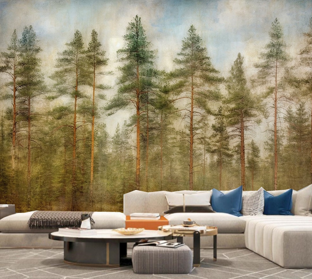 Pine Tree Forest Wallpaper Mural: Peel and Stick Wall Decor - Etsy