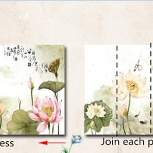 K&ouml;nnte beinhalten: Ein Aquarellbild von rosa und wei&szlig;en Lotusblumen mit gr&uuml;nen Bl&auml;ttern und einem Schmetterling. Das Bild ist in drei Paneele unterteilt, die zusammengef&uuml;gt werden k&ouml;nnen, um ein nahtloses Design zu erstellen.