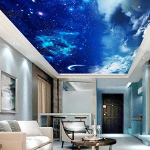 Night Sky Blue Stars and Moon Ceiling Wallpaper Wall Mural Hotel Restaurant Living Room