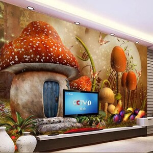 Papier peint personnalisé dessin animé enfants thème mur, champignon chalet fond pépinière chambre d'enfant peintures murales peinture murale