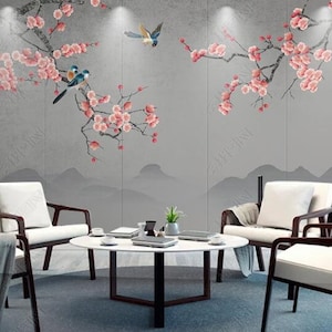 Chinoiserie Brushwork Hanging Red Plum Flowers with Birds Wall Murals Home Decor