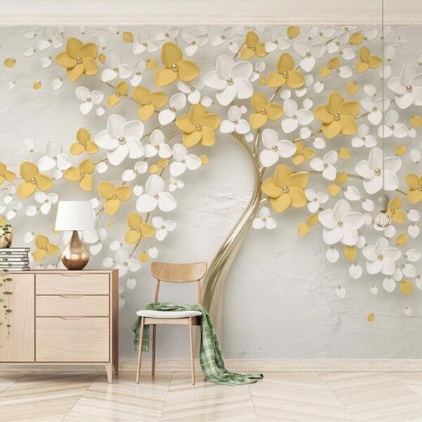 Huge Yellow and White 3D Wallpaper, Creative Big 3D Tree Wall Murals for Living or Dinning Room