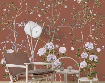 Chinoiserie Vine Pink Peony Flowers with Birds Wallpaper Wall Mural Home Decor for Living Room Bedroom or Dinning Room