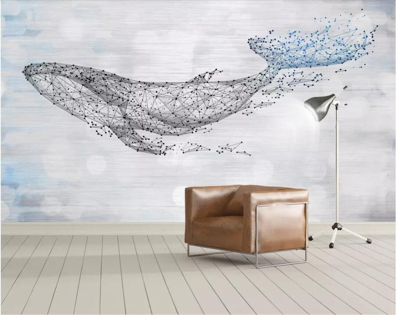 May include: A geometric whale illustration in black and blue on a white background. The whale is made up of connected lines and dots, creating a modern and abstract design.