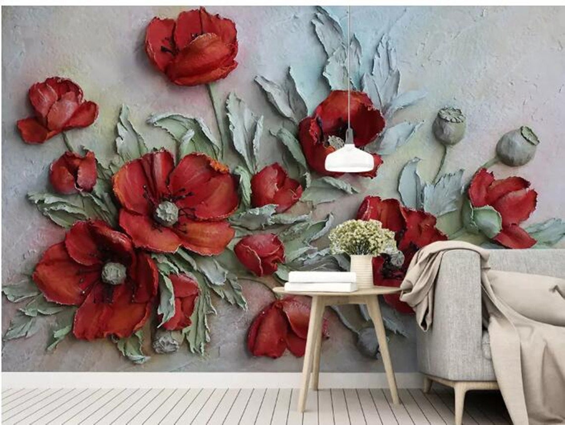3D Embossed Floral Wallpaper, Red Poppy Flower Wall Mural Big Flowers ...