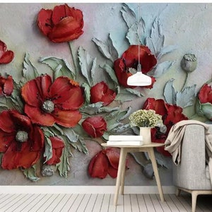 3D Embossed Floral Wallpaper, Red Poppy Flower Wall Mural Big Flowers Wall Murals