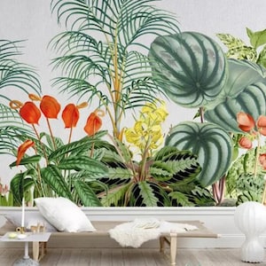 Hand Painted Tropical Plants Wallpaper Wall Mural, Green Tropical Flower and Plants Wall Mural, Rainforest Tropical Plants Wall Mural