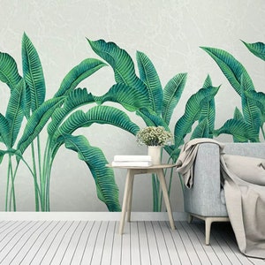 Northern European Hand Painted Green Leaves Wallpaper, Big Banana Leaves Wall Mural, Living Room or Dinning Room Wallpaper