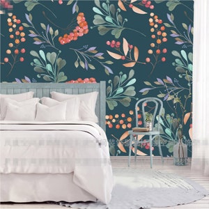 Water Color Dark Blue Background Cherry NurseryWallpaper, Fruits and Plants Nursery Baby Girls ' Room Wall Mural Wall Decor