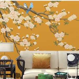 Chinoiserie Brushwork Hanging Cherry Flower Tree Wallpaper, Vivid Birds and Flowers Floral Wall Murals Wall Decor