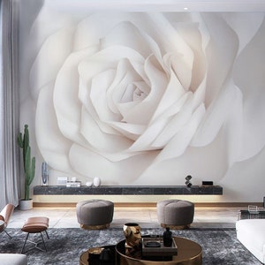Carta da parati floreale con grandi fiori bianchi e rose