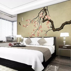 Chinoiserie Hanging Plum Wallpaper, Flying Birds and Plum Tree  Home Decor Wall Murals