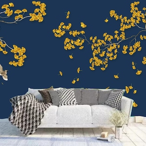 Chinoiserie Brushwork Hanging Ginkgo Leaves with Flying Birds Wallpaper Wall Mural for Living Room Dinning Room Bedroom