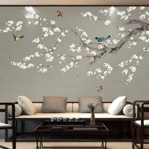 Chinoiserie Brushwork Hand Painted Hanging Magnolia Tree and Birds Wallpaper, Flying Vivid Birds Wall Murals Wall Decor