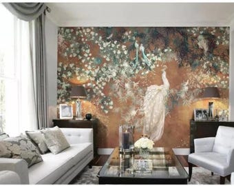 Peel and Stick Chinoiserie Peacock Wallpaper: Floral Branch Mural