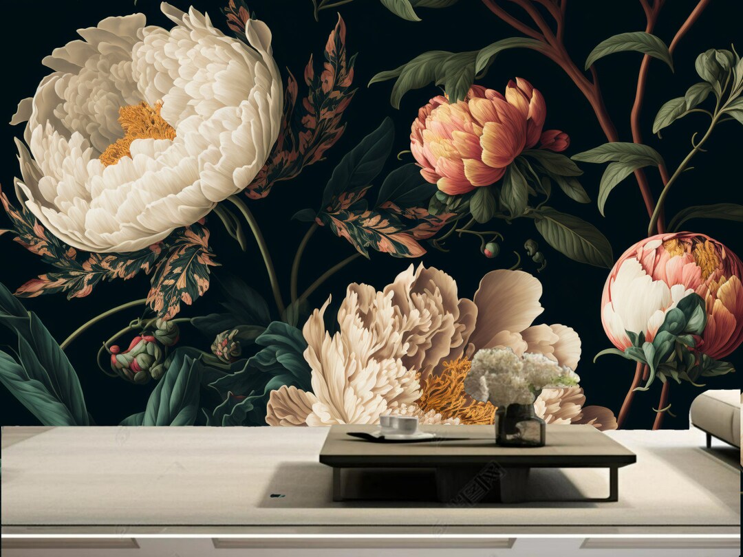 Red Poppy Floral Wallpaper Mural: Dark Botanical Home Decor (peel and ...